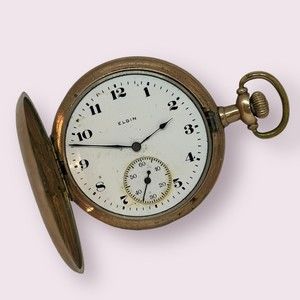 1902 Elgin Antique Hunter Pocket Watch Gold-Filled Floral w/ Bird For Repair